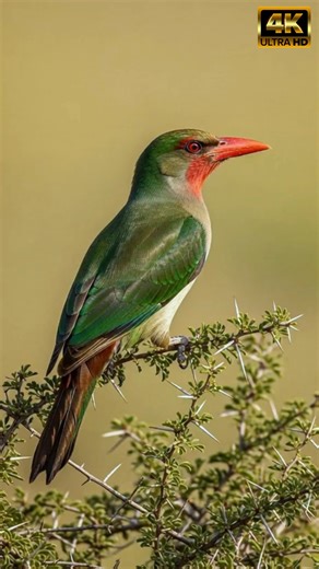 From the first frame you'll notice how this jewel-toned bird seems literally sculpted by light — a bright coral bill that cuts a sharp silhouette against creamy underparts, while deep pine-green back feathers pick up warm rim light and reveal a subtle bronze wash toward the tail. As a reviewer, I’m calling out immediate strengths: exceptional micro-feather detail, crisp bill texture, and an alert, intelligent eye that reads beautifully on camera. If you’re here for bird sounds, the clear, hiss-l