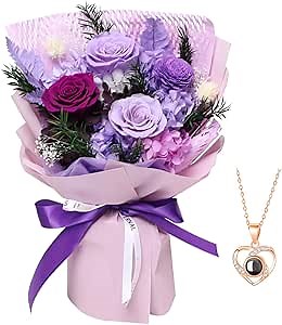 Preserved Flowers for Delivery, Purple Flower Bouquets with Necklace, Forever Real Roses Anniversary Birthday Gifts for Women Mom Wife Girlfriend, Fresh Flowers for Valentines Day Christmas