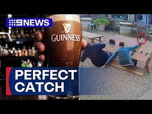 Man makes impressive catch during beer garden tumble | 9 News Australia