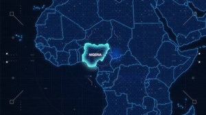 Futuristic Digital World Map Highlighting Nigeria with HUD Elements