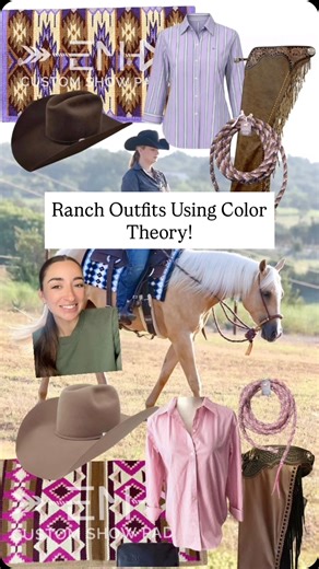 Using color theory to pull the perfect show clothes for @kelseykeathly and Ritz to show in the Ranch. Look, I know not everyone will like the pink… but I do and that’s what counts 😂🫶 #ranchriding #apha #aqha @emcustomshowpads | Crysta Brown