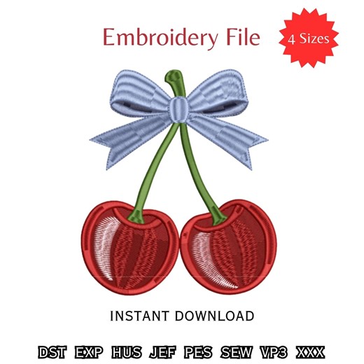 Embroidery Design Cherry Bow , Download Embroidery, Machine Embroidery Designs, 4 Sizes - Etsy