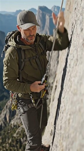 “Devon J. Hollis climbing Half Dome, checking ropes and carabiners, wearing a harness and a helmet.”