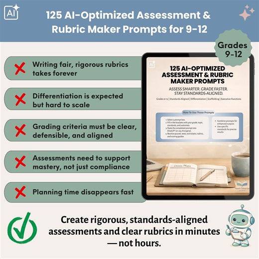 High School AI Assessment & Rubric Generator | 125 Chatgpt Prompts for Grades 9–12 Teachers, Standards-aligned Digital Download, Quiz Maker - Etsy