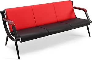 Waiting Room Bench with Wooden Armrest, PU Leather Office Furniture, Lobby Conference Reception Bench, Office Guest Seating for Clinic,Airport,Hospital,Barber,Salon,Bank(Red&Black, 2)