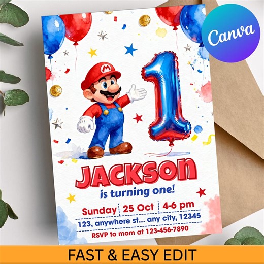Super Mario 1st Birthday Invitation, Mario First Birthday Party Invite, Canva Template, Editable Mario Kids Bday Party Card, Mario Invite - Etsy