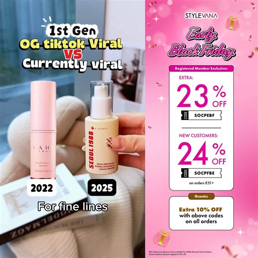 🖤Get ready for Black Friday - it's go time! 🤩 All customers: Code [SOCPEBF] for EXTRA 23% OFF orders on €51 ! *Non-members: EXTRA 10% OFF orders €51 🌟 NEW customer bonus: EXTRA 24% OFF all orders with code [SOCPFBE] ✈️ Enjoy FREE Shipping on orders €49 🛒 Shop at: https://vana.ly/qIzeyR T&C: Maximum discount only available for VANA Reward Club members. Guest checkout discount capped at 10% off. | STYLEVANA