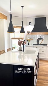This will forever be one of my favorite before and afters we have done! We opened up the space by taking down the wall between the dining room and kitchen, reconstructed the island to one level and added quartz countertops, replaced cabinets with floating shelves, went bold with the black island, black dining ceiling, and black hallway accent wall, updated light fixtures, refinished the floors, and put a whole lot of love into this space!! 🖤 What do you think?! #kitchen #kitchenupdate #kitchenr