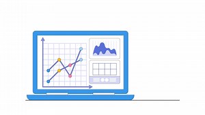 Animation footage of digital data analysis concept. People characters working with data visualization, analyzing tables, charts and graphs at business dashboard.