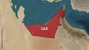 Zoom from Earth to United Arab Emirates, UAE. World map animation with country borders, Images from NASA