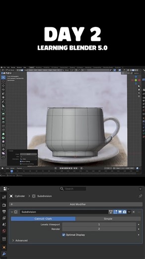 Day 2 learning Blender 5.0 making A Mug with the plate 🔥 #blender #3D #learning