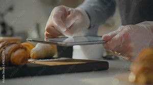 While serving customers in the morning, the pastry chef actively uses a touchscreen tablet at his workplace and processes information about orders made by customers. Works with electronic tablet