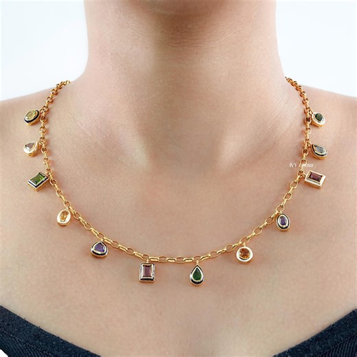 Multi Gemstone Bezel Set Layered Necklace | Handmade Colorful Chain Necklace | Multi Stone With Cold Enamel Jewelry | Wedding Gift for Her - Etsy