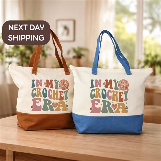 Custom Craft Tote Bag, Cotton Tote Bag With Zipper Pocket, Reusable Hobby Project Carry Tote Bag for Knitting Crochet and Daily Use - Etsy