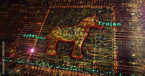 Trojan attack, computer virus, cyber security, malware, crime and spying software technology metal symbol and text on circuit board. Abstract concept 3d rendering animation.
