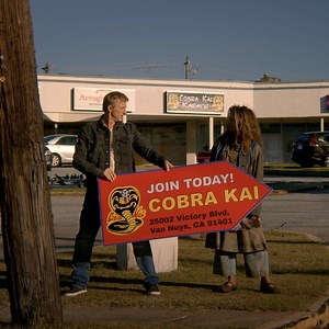 nothing says, "safe place to send my kids to learn karate," than homeless lynn spinning a sign around | Cobra Kai