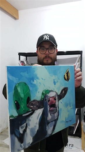 Cow and Alien Oil Painting by Artist Jose Trujillo