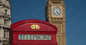 Big Ben, Houses of Parliament and traditional red telephone box with blue sky, summer, London, England