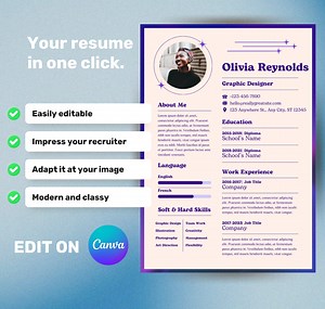 Professional 2024 CV template with photo on CANVA. Minimalist CV customizable to your needs. - Etsy France