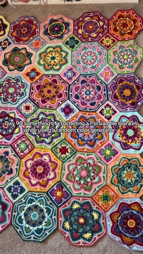 Today is day 90 something of crocheting a Persian tile blanket using a random color generator #crochet #crochetideas #crochetblanket #persiantiles #xyzbca