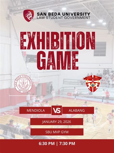 Faculty and students take the floor as the Colleges of Law of San Beda University and San Beda College Alabang face off in an exhibition basketball game on January 29, tip-off at 6:30 PM, at the MVP Gym. One Bedan Spirit! #OneSanBeda 🤍❤️💛 | San Beda University - Law Student Government