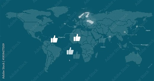 dotted map pulsing countries and animating labels, causing thumbs-up icons for global engagement