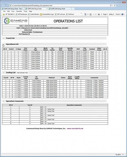CAMCAD SURFCAM Setup Sheet