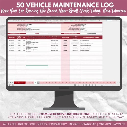 Vehicle Maintenance Log | Tracks up to 50 Vehicles | MS Excel and Google Sheets - Etsy