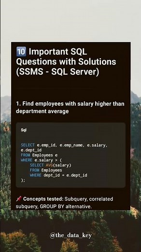 Top 10 SQL Interview Questions with Solutions | Important SQL Questions | #sql #interview #shorts