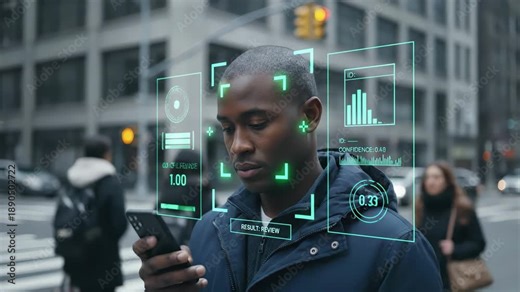 Advanced biometrics using facial recognition technology to scan a man's face in the city. Futuristic augmented reality interface displays personal data, security verification, and identification