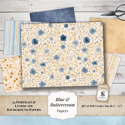 Blue Floral Printable Background Papers | Junk Journal & Collage Pages, Digital Craft Paper SP2618 - Etsy