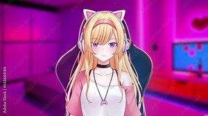 Virtual streamer vtuber anime girl interact with fans from girly pink bedroom 4K