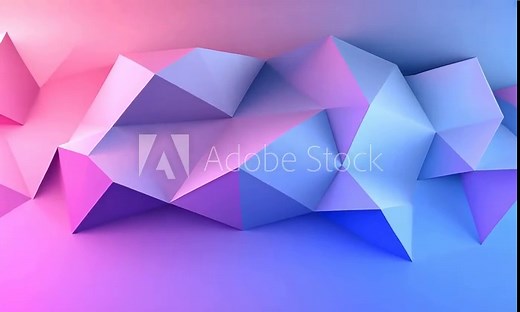 Abstract pink and blue geometric background with 3D polygonal shapes.