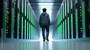 Network engineer walking through expansive data center corridor, passing rows of illuminated server racks, representing cutting edge technological infrastructure and digital connectivity