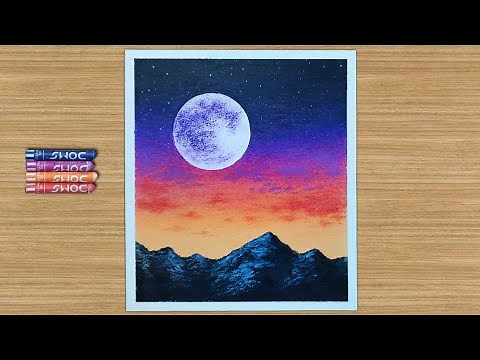 Moonlight Scenery | Full Moon Oil Pastel Drawing Step by Step
