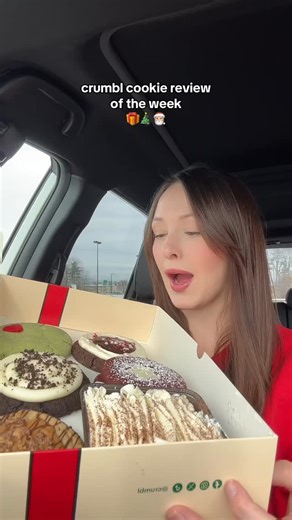 Crumbl Team on Instagram: "Santa came early and he brought COOKIES 🎅🍪 @angelica.christinee is reviewing this week’s Crumbl flavors and every bite is holiday magic ✨ Don’t miss this lineup.. try them this week and grab a gift card for the ultimate stocking stuffer 🎁 #crumbl #crumblcookies #crumblcookiesoftheweek #foodreview #tastetest #sweettreat #crumblreview #holidaytreats"