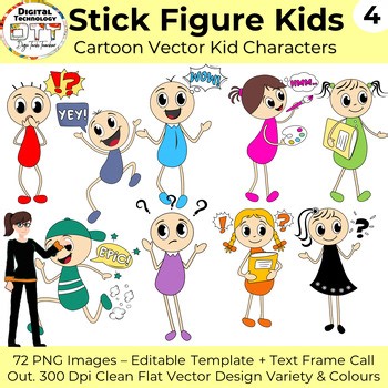 Vector Stick Figure Cartoon Kids 4, Boys & Girls, Editable Designs, PowerPoint