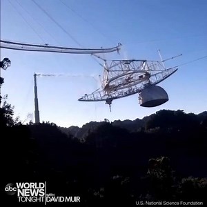 COLLAPSE: New footage from the National Science Foundation shows the moment cables holding up Puerto Rico's historic Arecibo Observatory snapped, sending the telescope's 900-ton receiver platform and Gregorian dome crashing into a reflector dish more than 400 feet below; no injuries were reported. https://abcn.ws/2I6KWRd | ABC World News Tonight with David Muir