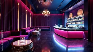 The interior of an empty restaurant. A nightclub waiting for customers, without people. neon lights and empty tables.