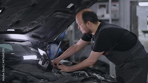 Mechanic Using A Digital Tablet to search for approval and diagnose car breakdowns. use of technologies for repair of vehicle. Auto service and maintenance of trucks. Car mechanic fixing