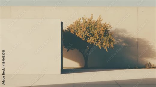 Large, clean concrete wall reflecting warm sunlight, creating long, defined shadows from a tree and small plants onto the ground and structural surfaces, offering an abstract background