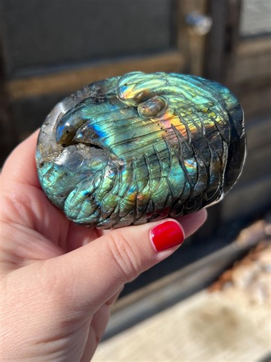 Labradorite crystal eagle: Polished labradorite carving 4” wide