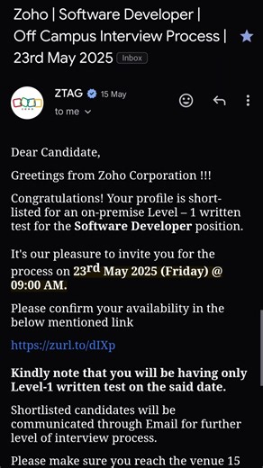 Got Shortlisted for Zoho Software Developer Role! | Off Campus Interview #zoho #interview #shorts