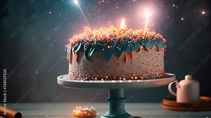 Birthday white cake decorated with a sparklers on a blue backgrounds.