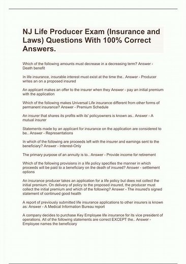 NJ Life Producer Exam Insurance and Laws Questions With 100 Correct Answers
