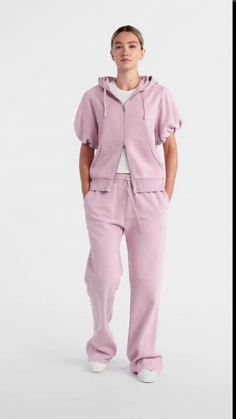 Scoop Women’s Mineral Washed Zip Hoodie with Short Puff Sleeves, Sizes XS-XXL