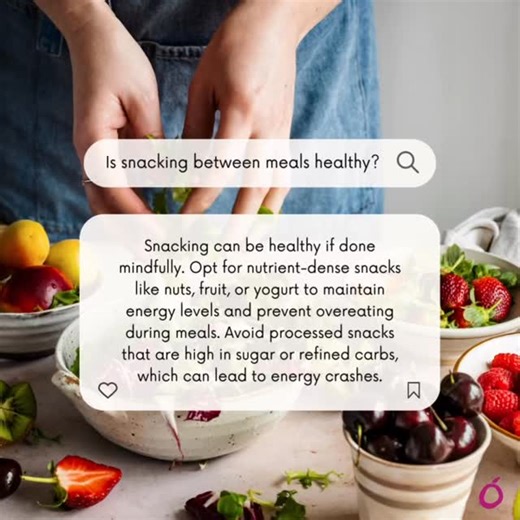 Is Snacking Between Meals Healthy? The short answer: it depends! Snacking can be part of a healthy diet—if you choose the right foods and keep portions in check. ✅ When snacking can help: Keeps your energy stable between meals Prevents overeating at the next meal Helps manage blood sugar, especially if you’re active or have a busy day ⚠️ When snacking can backfire: Mindless eating out of boredom or stress Choosing high-sugar, highly-processed snacks Eating too late at night, which can affect dig