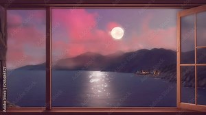 From the window, marvel at the full moon's radiance against the backdrop of shadowy mountains, seamlessly looping time-lapse animation video background by AI.