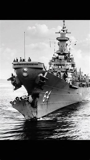 USS Wisconsin (BB-64) with a damaged bow after she collided with the USS Eaton (DDE-510) in heavy fog. #navy #ship #military | I love Warships