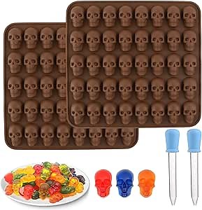 Gummy Skull Candy Molds Silicone 2 Pack 40 Cavity Non-Stick Skull Silicone Molds With 2 Droppers Skulls Silicone Mold Gummy Molds For Halloween Chocolate Candy Jelly Ice Cube Biscuits